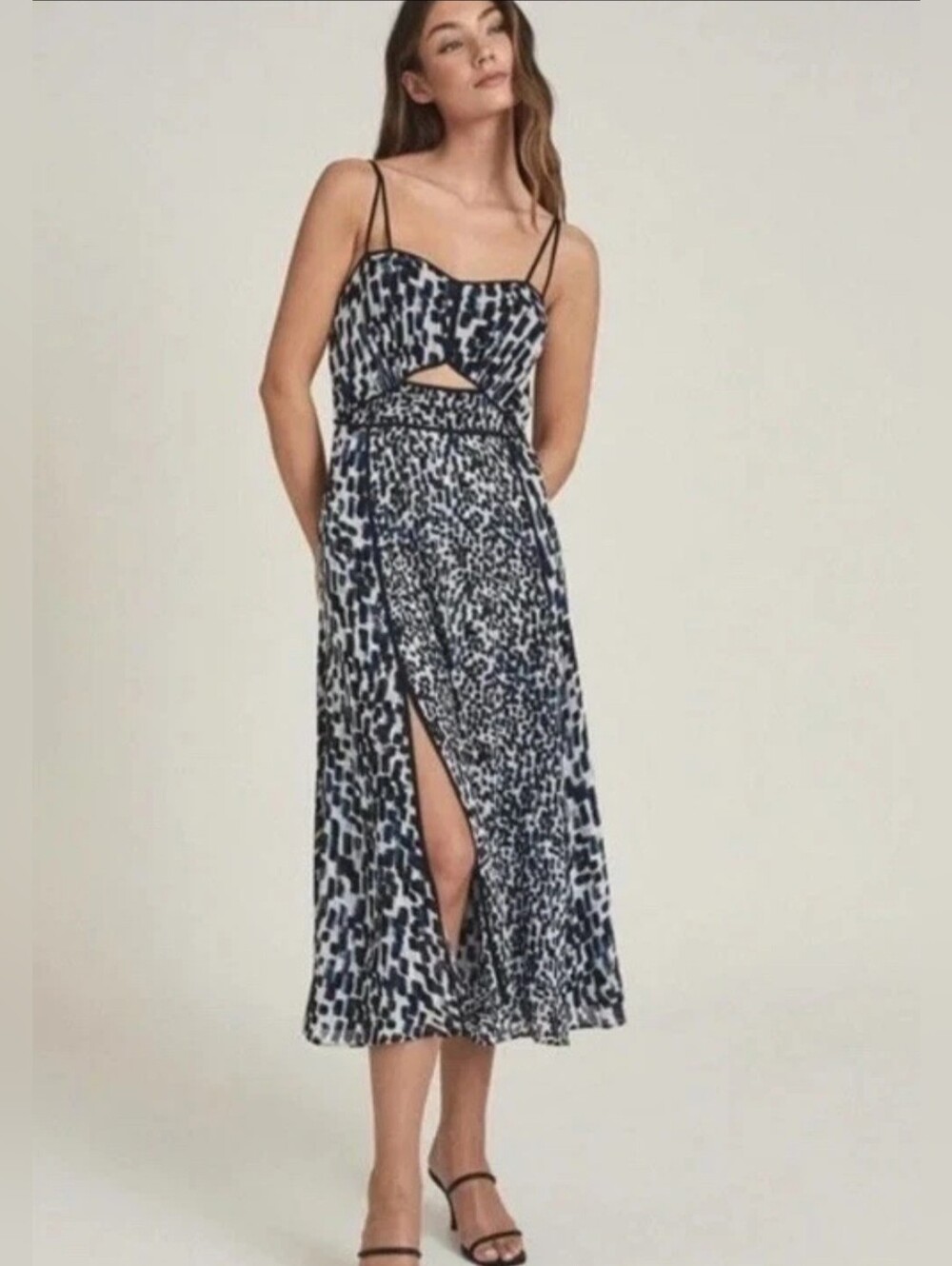 Reiss Navy and White Printed Midi Dress with Front Slit